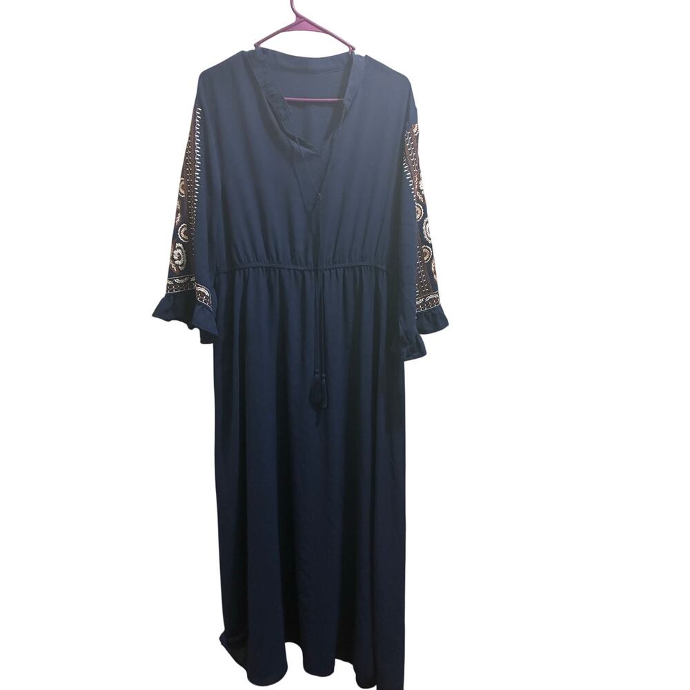 * Bohemian Navy Blue Peasant Maxi Dress / Multi-Color Sleeve Embroidery 2X